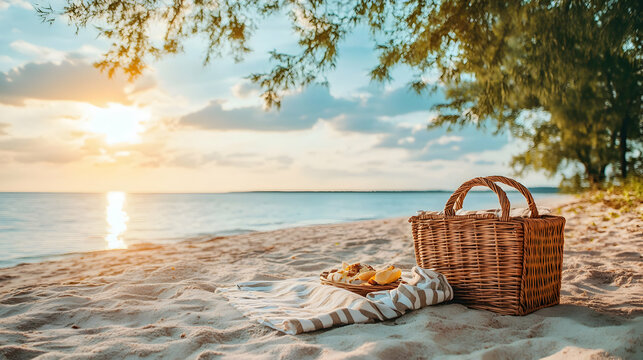 Serene beach picnic scene at sunset featuring a wicker basket with seaside views