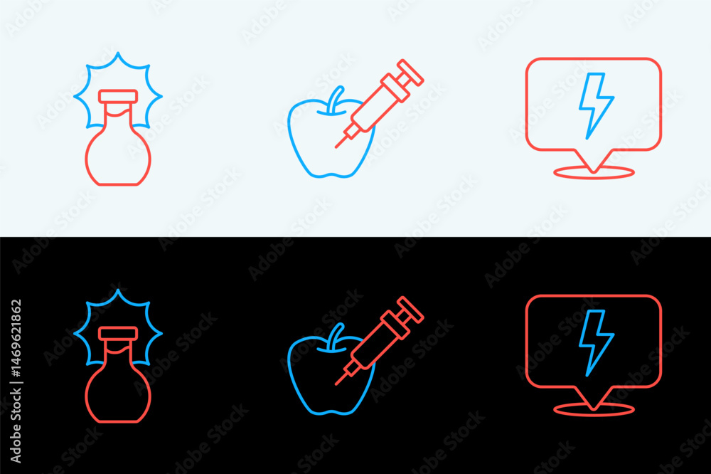 Aufkleber set line lightning bolt, explosion the flask and genetically modified apple icon. vector