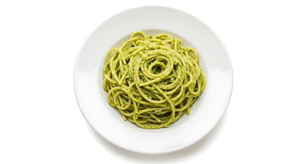 Spaghetti with Pesto Sauce on White Plate