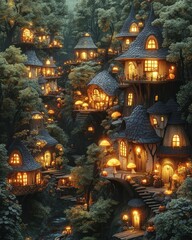 Enchanting, glowing village nestled within a lush, misty forest.  Cozy, fairytale-like houses nestled in the trees