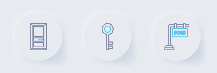Set line Hanging sign with Sold, House key and Closed door icon. Vector