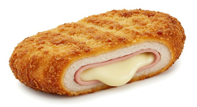 Chicken Cordon Bleu with ham and cheese filling on white background
