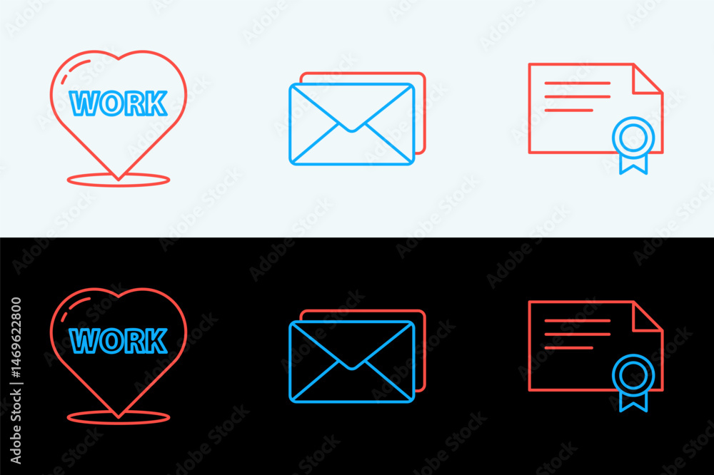 Poster set line certificate template, heart with text work and envelope icon. vector