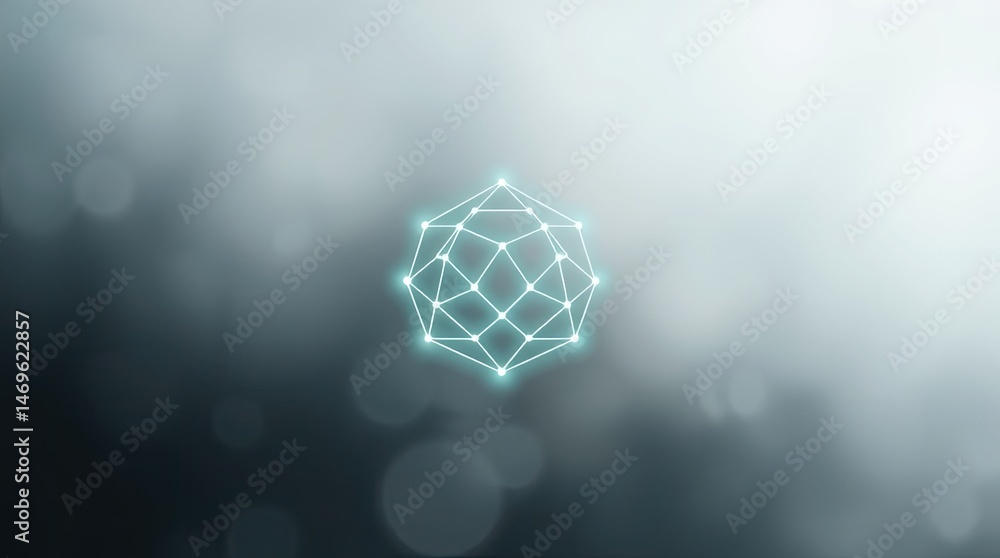 Poster a futuristic geometric shape with glowing lines hovering in a blurry gray and white background