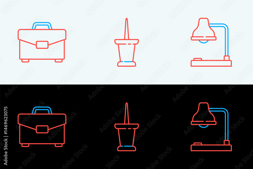 Aufkleber set line table lamp, briefcase and push pin icon. vector