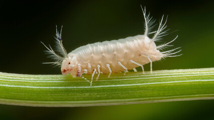  Thrips Larva Head Region Showing Fine Sensory Hairs and Mandibles Against a Muted Green Plant Stem