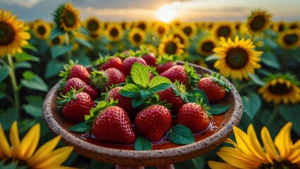 Serving Fresh Strawberries with Mint at Sunset Sunflower Field