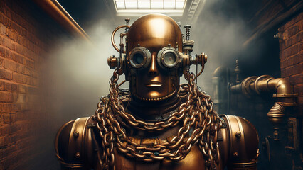 Twisted Beacon of Gears and Chainmail Exuding Steam from Hidden Valves