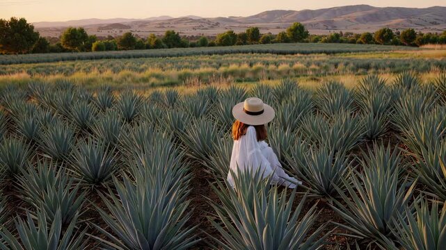 Serene stroll through lush agave fields at sunset with majestic mountain backdrop