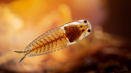 Ultra-Close-Up of a Daphnia Water Flea&rsquo;s Semi-Transparent Carapace Showing Its Pulsating Heart in Warm Amber Light1