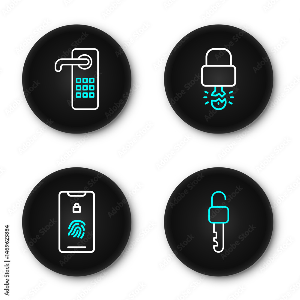 Poster set line unlocked key, mobile with fingerprint scan, key broke inside of padlock and digital door ic
