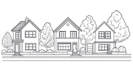 Simple illustration of houses lined up, featuring trees and sidewalk