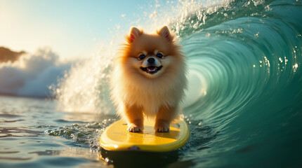 Obraz premium Surf’s Up A Fluffy Pomeranian Confidently Riding a Yellow Surfboard Through a Teal Wave, Embracing the Thrill of the Ocean with a Joyful Expression