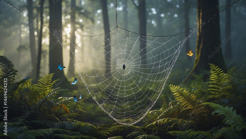 Poster spiderweb with dewdrops in forest with ferns and butterflies
