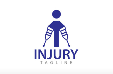 Letter I Injury Logo Design, Broken arm icon. Injured man accident. Leg broken Hospital patient with a hand Medical crutch, wheelchair patient, chiropractor orthopedic Vector Icon Symbol Silhouette 