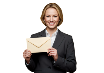 A businesswoman holding an envelope, isolated