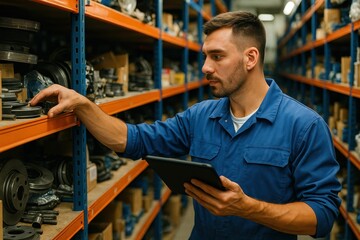 Concept of car service, repair, and maintenance, featuring an auto mechanic using a tablet pc to find spare parts in a workshop or warehouse setting