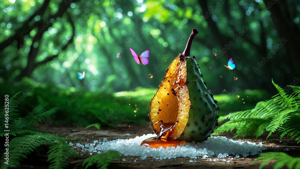 Poster halved pear with honey and butterflies in forest setting