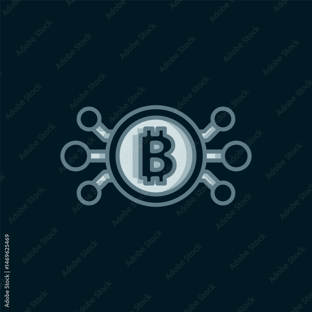 Poster line cryptocurrency bitcoin in circle with microchip circuit icon isolated on black background. bloc