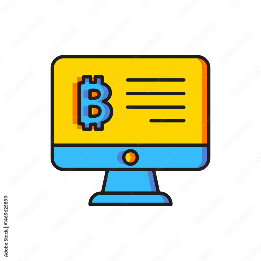 Poster color mining bitcoin from monitor icon isolated on white background. cryptocurrency mining, blockcha