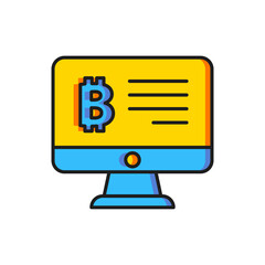 Color Mining bitcoin from monitor icon isolated on white background. Cryptocurrency mining, blockchain technology service. Flat filled outline style with shadow. Vector
