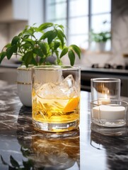 A glass of whiskey with ice and orange peel on a marble countertop with plant and candles nearby
