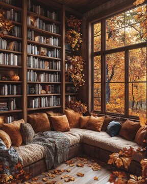 Cozy autumn reading nook with a large window