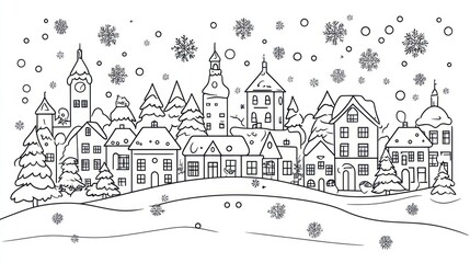 Snowy village winter scene; idyllic town, snowfall, hills, Christmas card