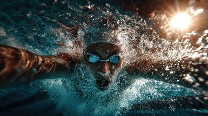 Swimmer gliding through the clear water with powerful stroke and determined expression in a serene aquatic environment