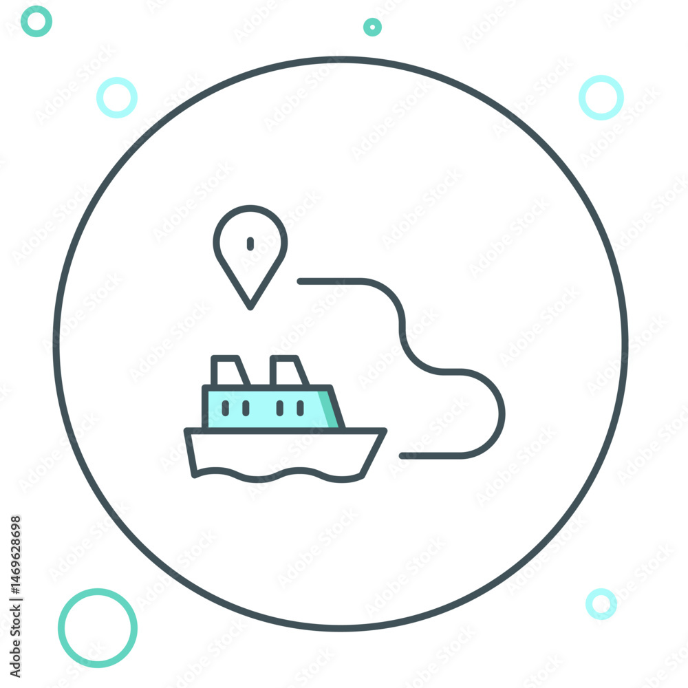Poster line ship line path of ship sea route with start point gps and black line icon isolated on white bac