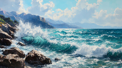 Dramatic ocean scenery with crashing waves and distant mountainous coastline