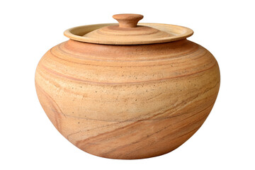A brown, old clay pot, a ceramic earthenware container, is isolated on white