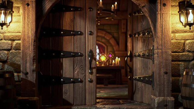 Fantasy tavern entrance with ornate wooden door, suitable for fantasy gaming, concept art, and medievalthemed illustrations and designs.