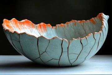 Elegant, light teal ceramic bowl with cracked glaze and orange highlights