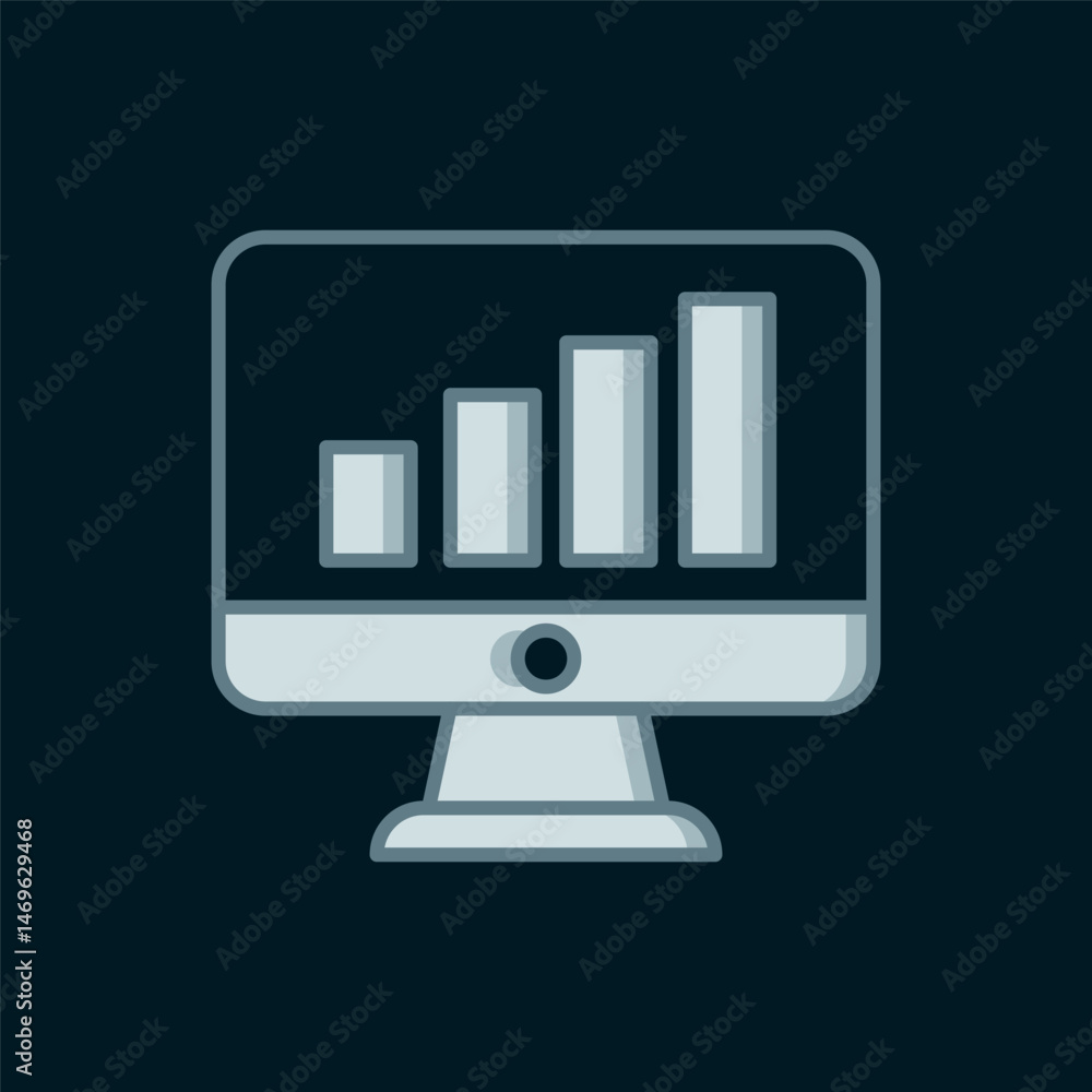 Poster line computer monitor with graph chart icon isolated on black background. report text file. accounti
