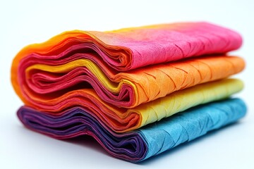 Stack of colorful tissue paper ribbons.  Layered, vibrant hues create a rainbow effect.  Close-up view