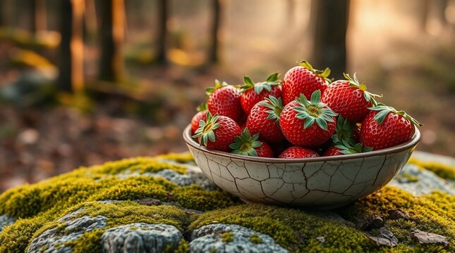 Fresh strawberries in a cracked ceramic bowl on moss-covered rock   - Powered by Adobe