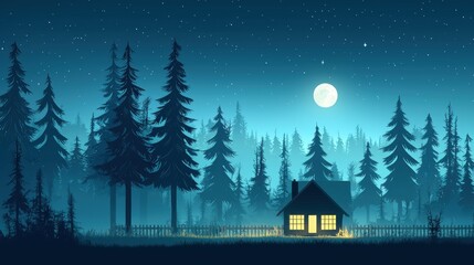 Obraz premium A cozy cabin nestled in a forest, illuminated by a warm glow, with a full moon and twinkling stars in the night sky.