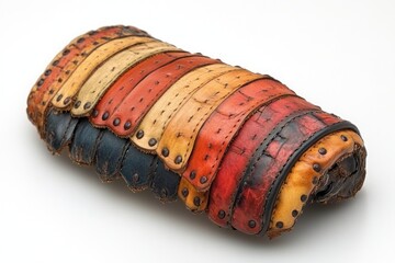 Vintage leather arm guard.  Colorful, segmented, and handcrafted.  Aged and worn look