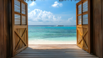 Wooden doorway framing tropical sea view under blue sky with fluffy clouds