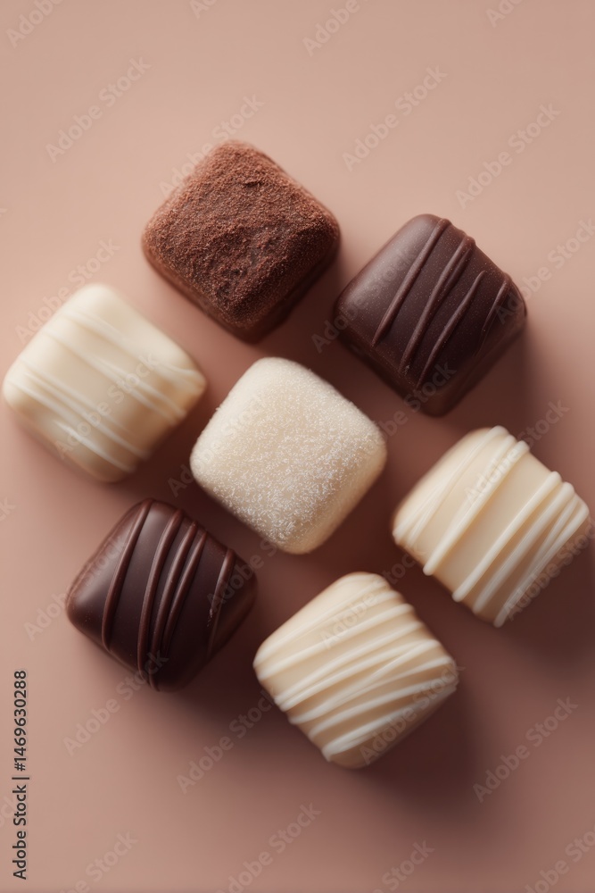 Fototapete array of assorted chocolates displayed against plain background provides ample copy space for text o