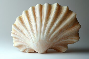 Close-up of a scallop shell, light beige color, intricate ribbed texture