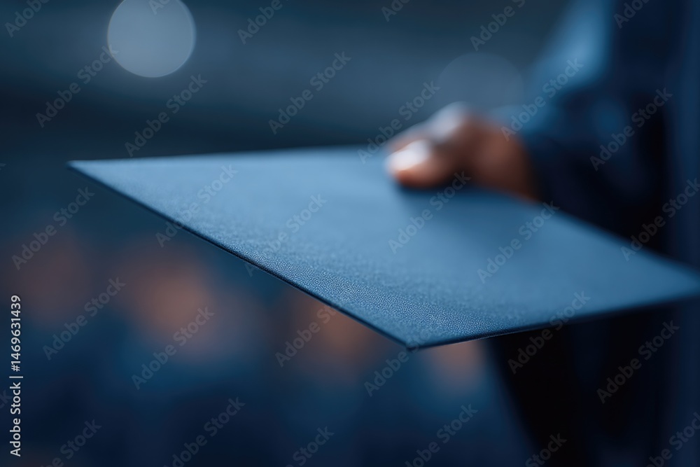 Poster capture graduation scene with focus on single diploma held front and center while blurred figures of