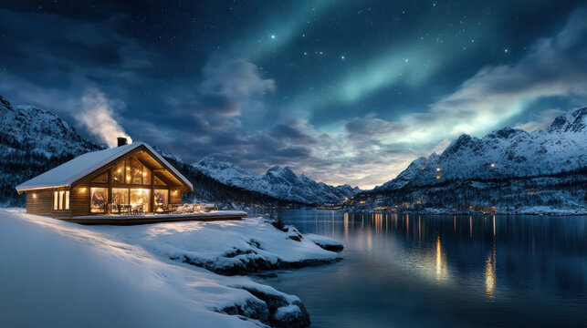Cozy cabin by serene lake under starry sky, surrounded by snowy mountains and northern lights
