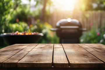 Wooden table with a blurred background of a backyard garden or patio in summer, featuring a barbecue grill and fire pit for grilling food