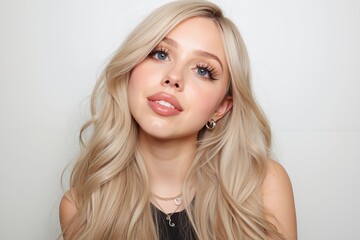 Naklejka premium A woman with long blonde hair wearing a black top