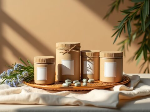 Selecci&oacute;n de suplementos de bienestar en envases naturales junto a ramitas de romero fresco, bandeja de bamb&uacute; y servilleta de lino
