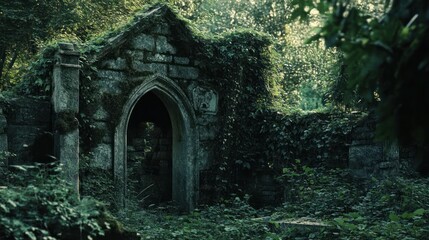 Mystical ruin, overgrown ancient crypt amidst lush nature setting