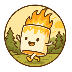 Funny happy roasted marshmallow character. Rounded circle shape logo for summer kids camp