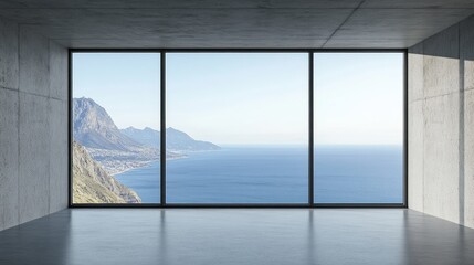 Empty modern room with expansive ocean views.